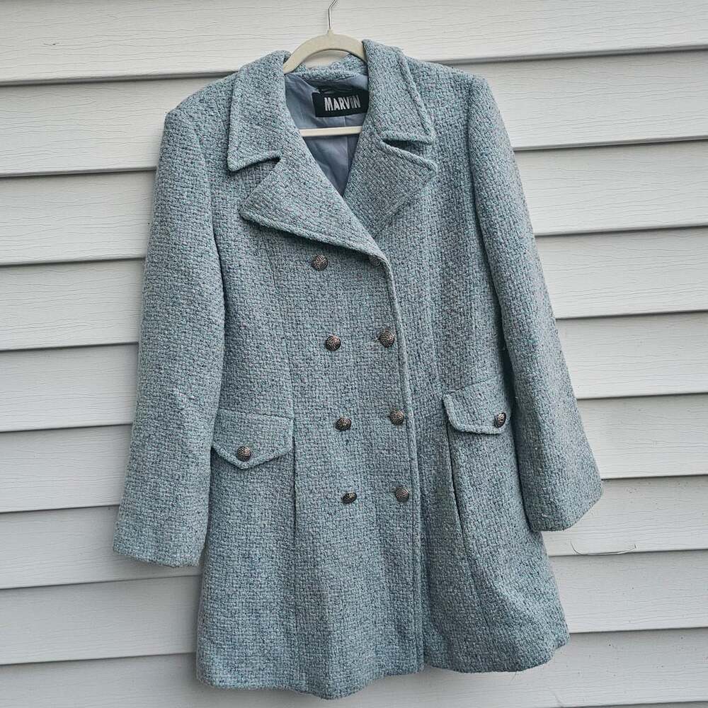 Marvin Women’s L Blue Tweed Double Breasted Coat Jacket Preppy Retro